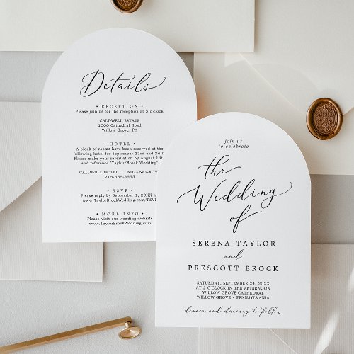 Delicate Black Calligraphy Arch All In One Wedding Invitation