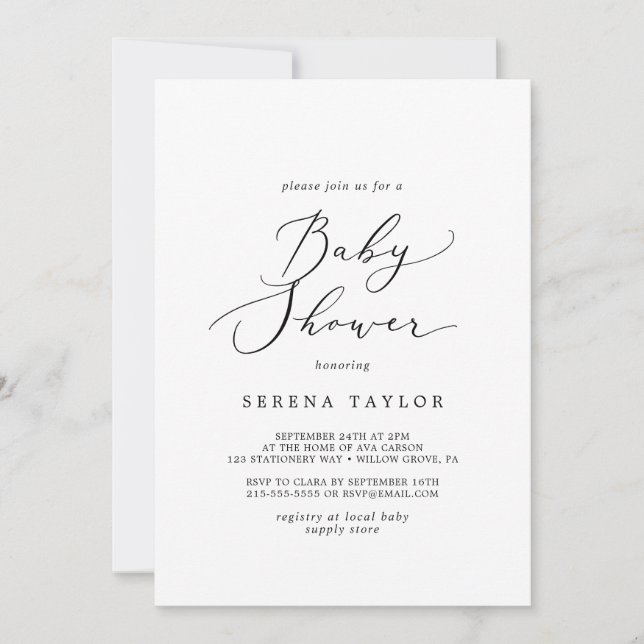 Delicate Black Calligraphy Baby Shower Invitation (Front)