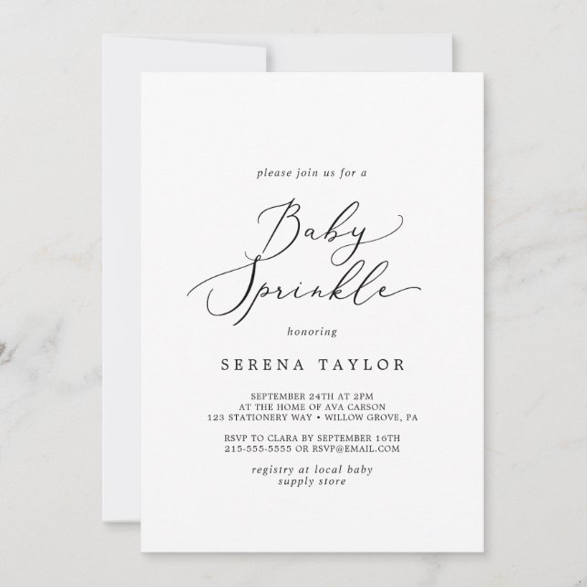 Delicate Black Calligraphy Baby Sprinkle Invitation (Front)