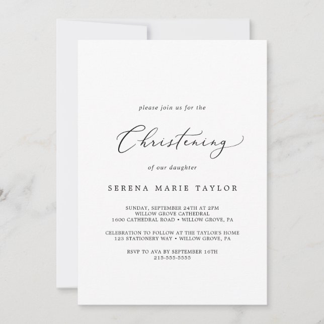Delicate Black Calligraphy Christening Invitation (Front)