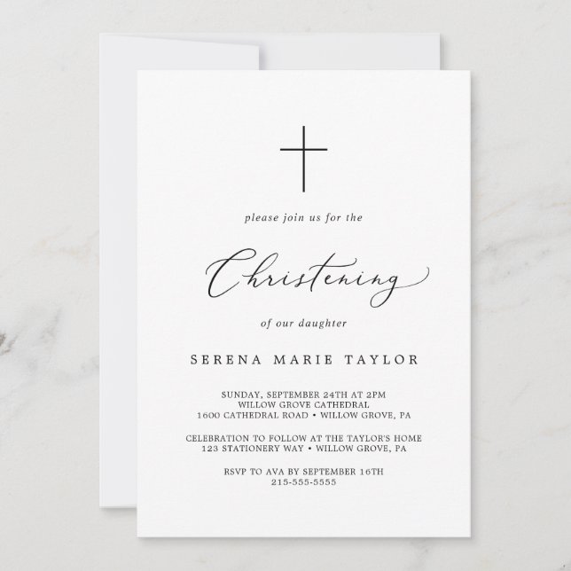 Delicate Black Calligraphy Cross Christening Invitation (Front)