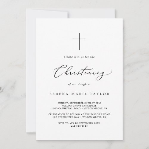 Delicate Black Calligraphy Cross Christening Invitation