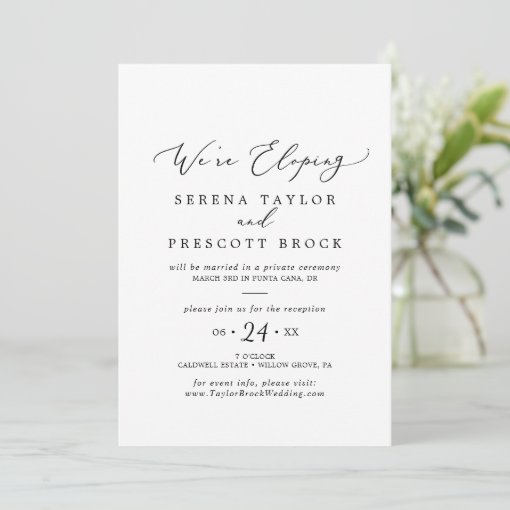 Delicate Black Calligraphy Elopement Reception Invitation | Zazzle