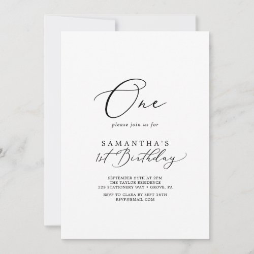 Delicate Black Calligraphy First Birthday Party Invitation