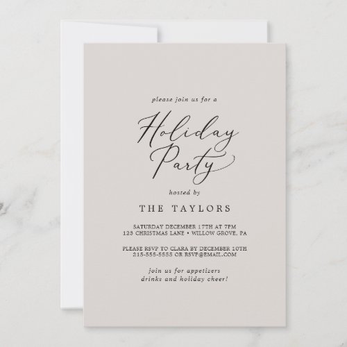 Delicate Black Calligraphy  Greige Holiday Party Invitation