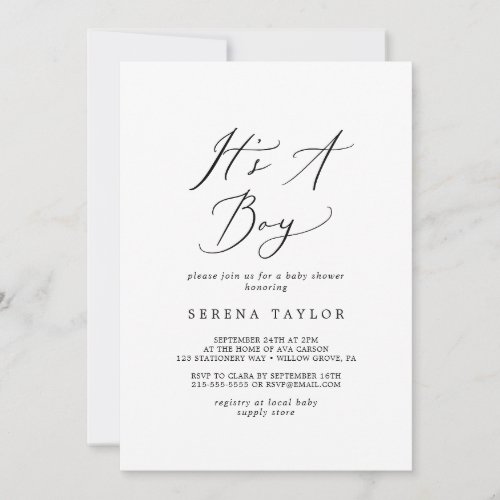 Delicate Black Calligraphy Its A Boy Baby Shower Invitation