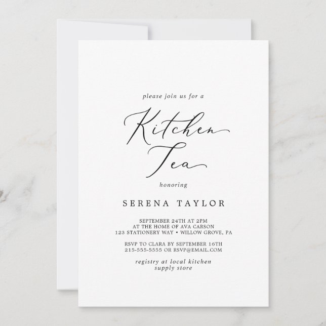 Delicate Black Calligraphy Kitchen Tea Invitation (Front)