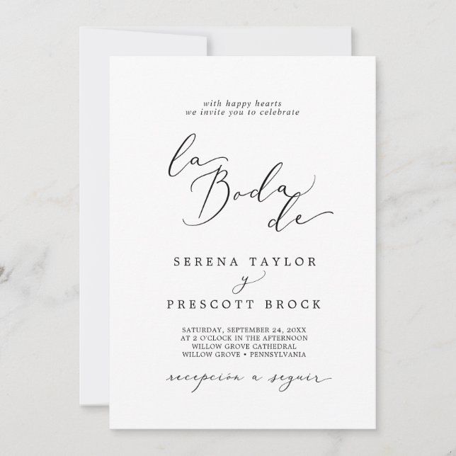 Delicate Black Calligraphy La Boda De Wedding Invitation (Front)