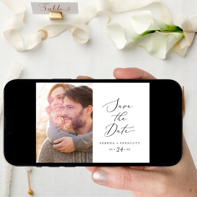 Delicate Black Calligraphy Photo Save The Date (Front Digital)