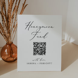 Delicate Black Calligraphy QR Code Honeymoon Fund Pedestal Sign