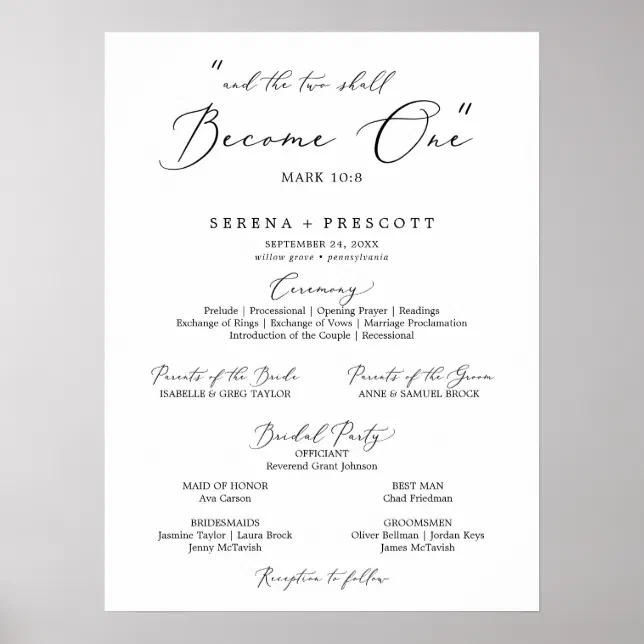 Delicate Black Calligraphy Quote Wedding Program Poster | Zazzle