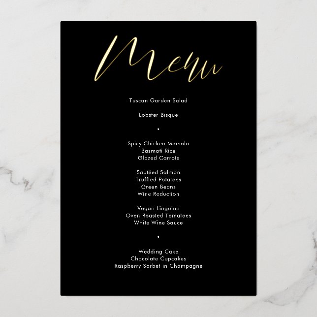 Delicate Black Calligraphy Script Wedding Menu Foil Invitation (Front)