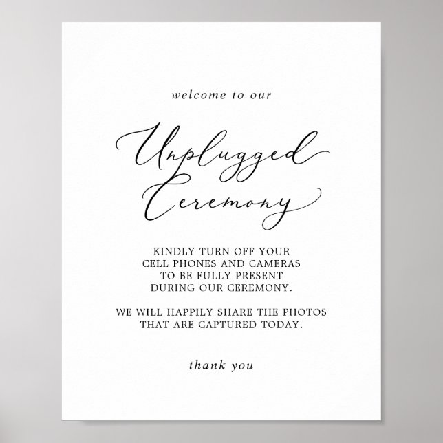Delicate Black Calligraphy Unplugged Ceremony Sign (Front)