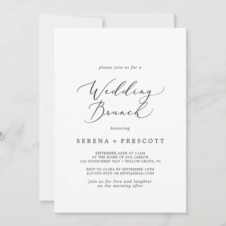 Delicate Black Calligraphy Wedding Brunch Invitation | Zazzle