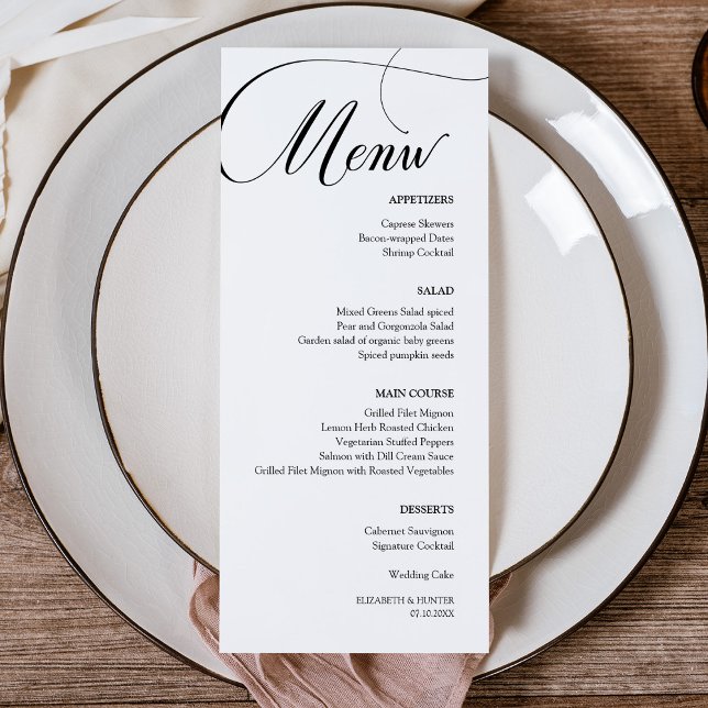 Delicate Black Calligraphy Wedding Dinner Menu (Delicate Black Calligraphy Wedding Dinner Menu Card)