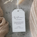 Delicate Black Calligraphy Wedding Welcome Gift Tags<br><div class="desc">These delicate black calligraphy wedding welcome gift tags are perfect for a modern wedding. The romantic minimalist design features lovely and elegant black typography on a white background with a clean and simple look. Personalize the tags with the location of your wedding, a short welcome note, your names, and wedding...</div>