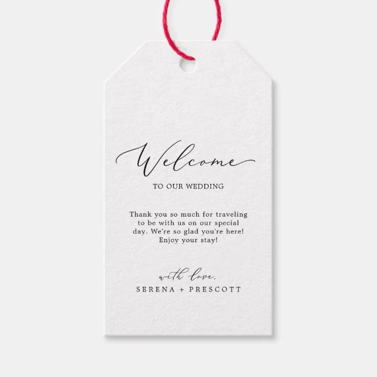 Delicate Black Calligraphy Wedding Welcome Gift Tags | Zazzle