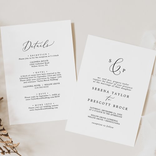 Delicate Black Formal Monogram All In One Wedding Invitation