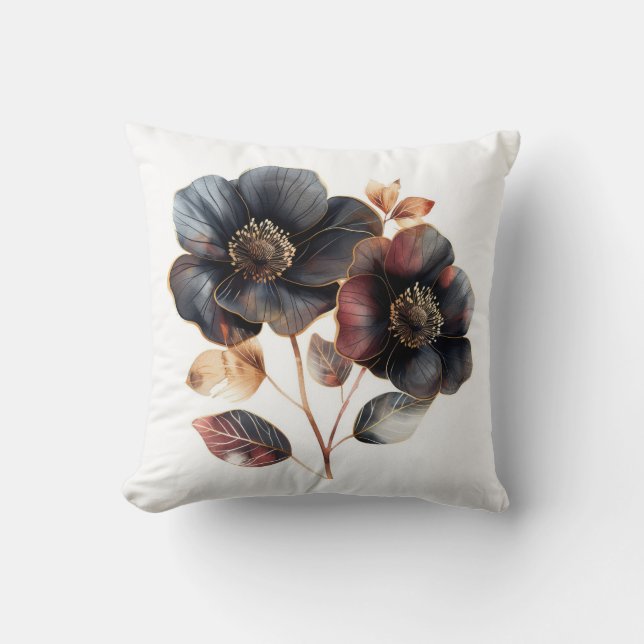 Delicate black gold & burgundy watercolor flowers throw pillow (Front)