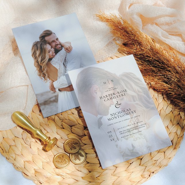 Delicate Black Monogram Calligraphy Photo Wedding Invitation (Creator Uploaded)