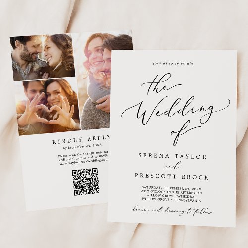 Delicate Black Photo Collage QR Code Wedding Invitation