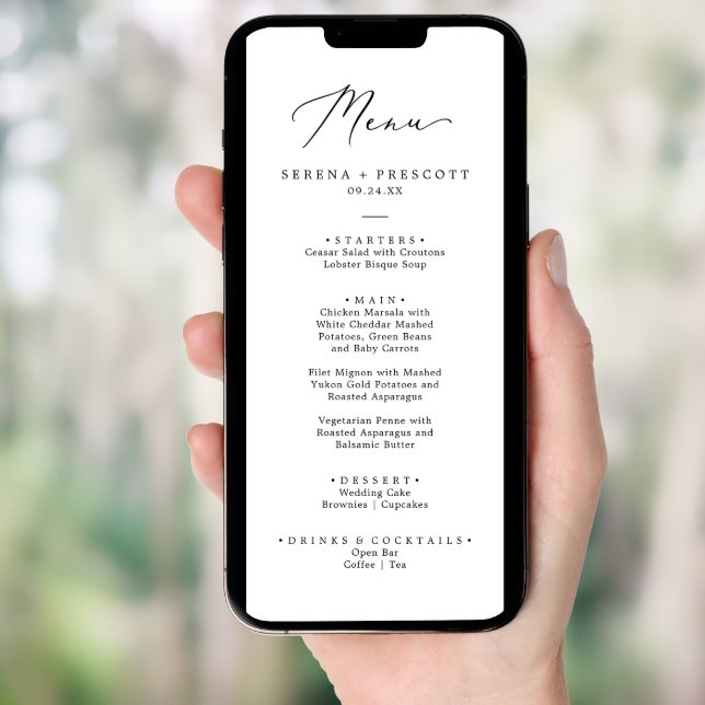 Delicate Black Printable or Printed Wedding Menu Invitation (Front Digital)