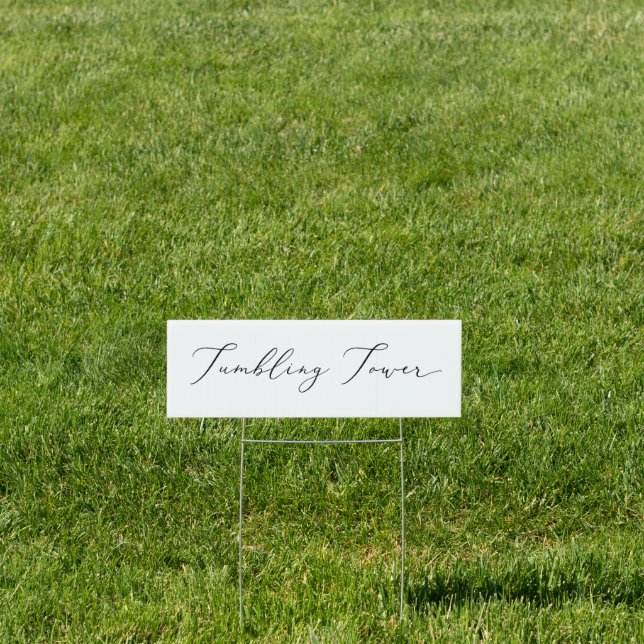 Delicate Black Tumbling Tower Wedding Lawn Game Sign (Insitu)