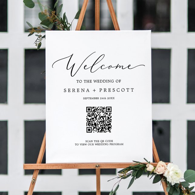 Delicate Black Wedding Program QR Code Welcome Foam Board (Creator Uploaded)