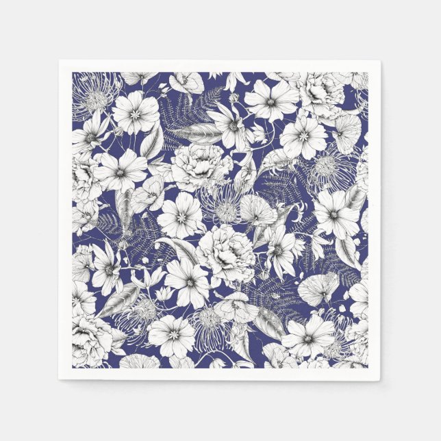 Delicate black white line drawing peony lily ferns napkins (Front)