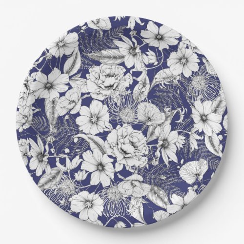 Delicate black white line drawing peony lily ferns paper plates