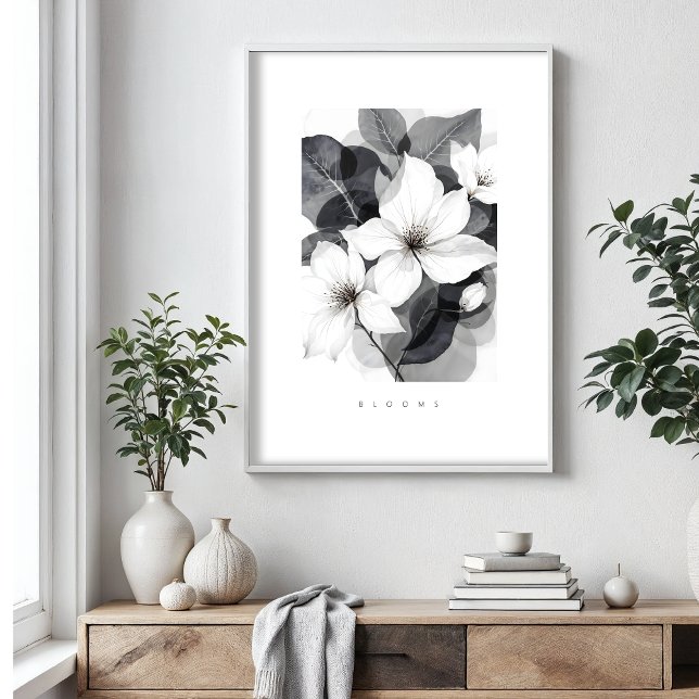 Delicate Black White Overlapping Leaves & Flowers Poster (Delicate Black & White Illustration of Overlapping Leaves and Flowers Posters.)