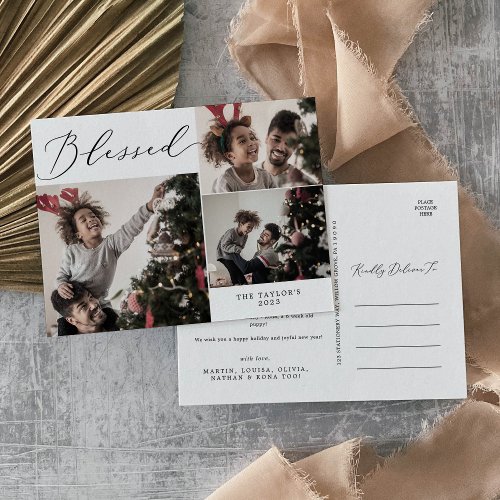 Delicate Blessed 3 Photo Family Newsletter Holiday Postcard