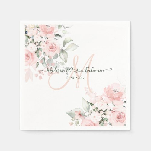 Delicate Bloom Blush Monogram Floral Watercolor Napkins