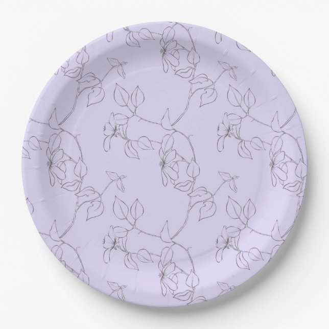Delicate blooms foliage stem line art lilac purple paper plates (Front)