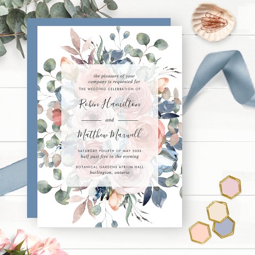 Delicate Blooms with Greenery Dusty Blue Wedding  Invitation