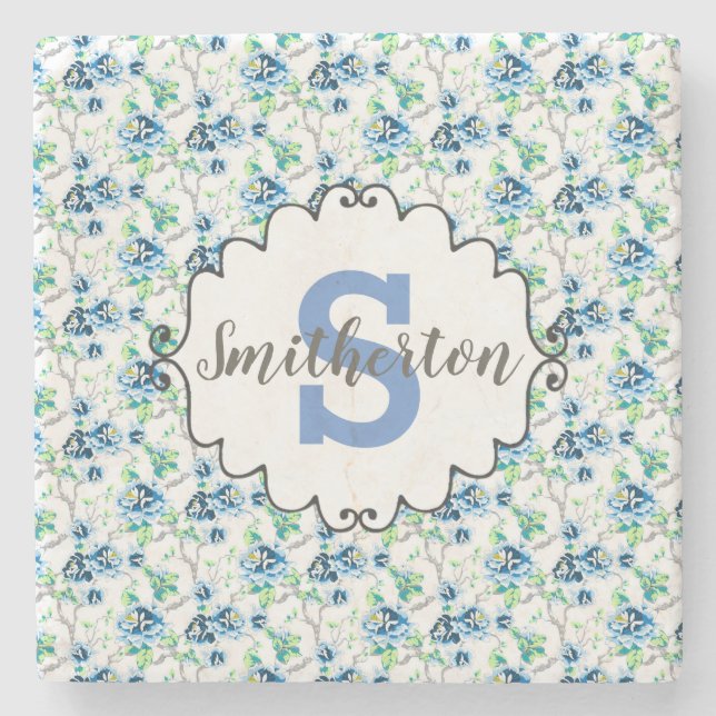 Delicate Blue and White Floral Monogram Stone Coaster (Front)