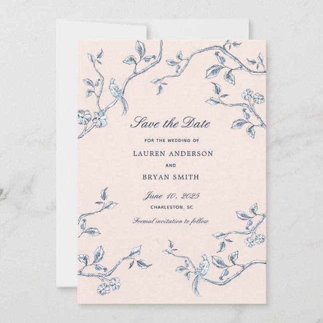 Delicate Blue and white French Toile Save the date Invitation (Front)