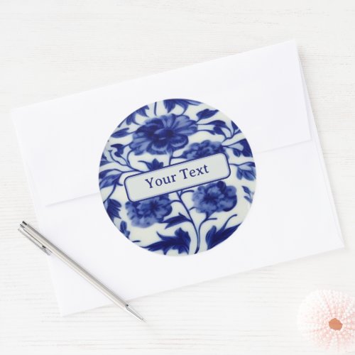 Delicate Blue and White Painted China _ Your Text  Classic Round Sticker