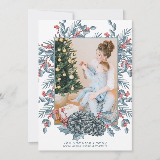 Delicate Blue Berry Pine Cone Christmas Photo Holiday Card (Front)