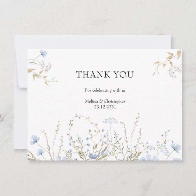 Delicate blue boho Wildflowers wreath frame Thank You Card (Front)