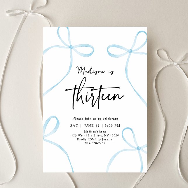Delicate Blue Bow Coquette 13th Birthday Invitation (Creator Uploaded)