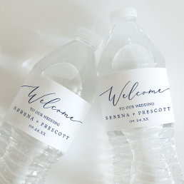 Delicate Blue Calligraphy Wedding Welcome Water Bottle Label