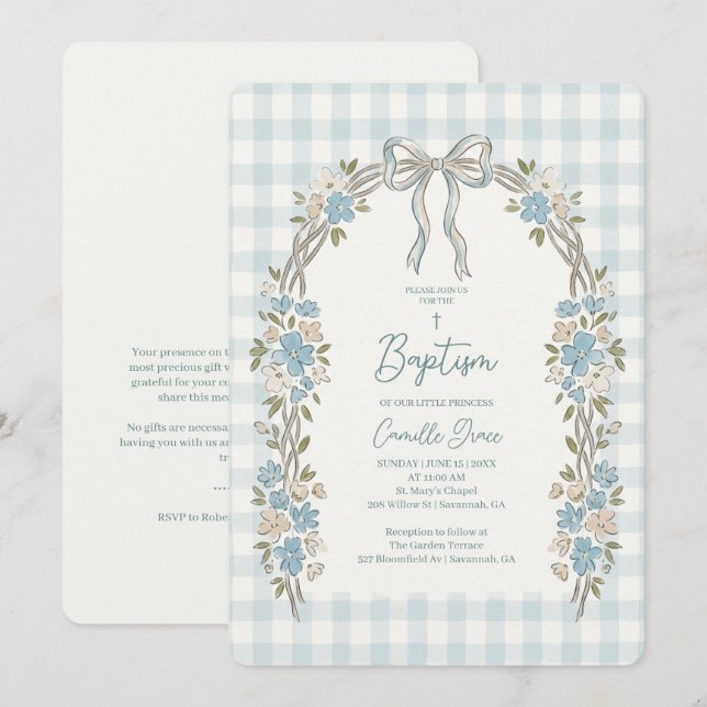 Delicate Blue Floral Arch Gingham Baptism Invitation (Front/Back)