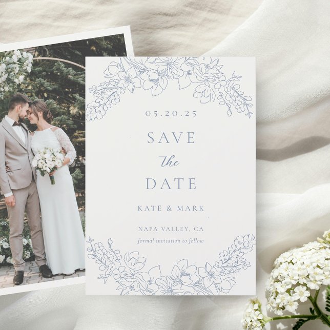 Delicate Blue Floral Photo Wedding Save the Date (Creator Uploaded)