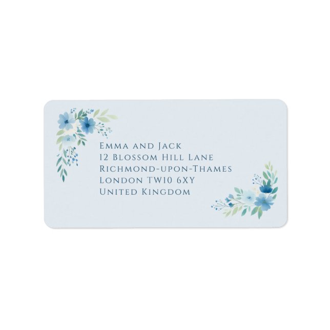 Delicate blue floral wedding address return label (Front)
