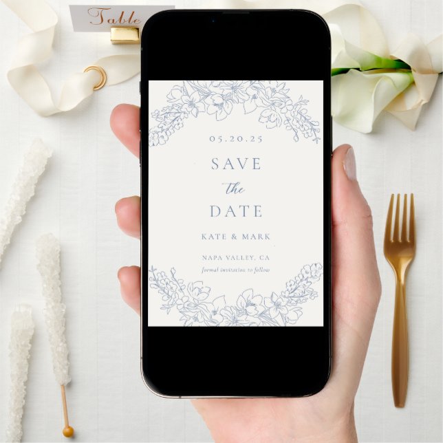Delicate Blue Floral Wedding Save the Date (Front Digital)