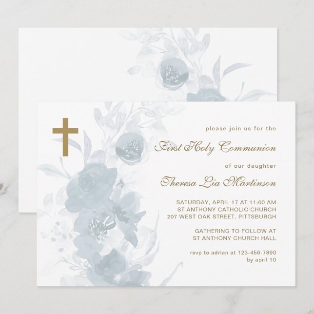 Delicate Blue Floral with Cross Holy Communion Invitation (Front/Back)