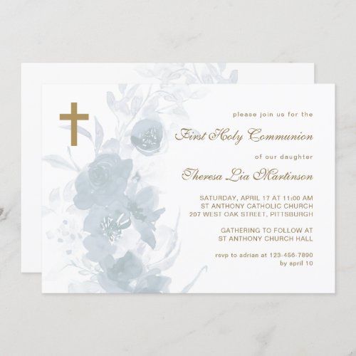 Delicate Blue Floral with Cross Holy Communion Invitation