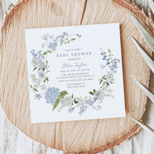 Delicate Blue Floral Wreath Baby Shower Invitation