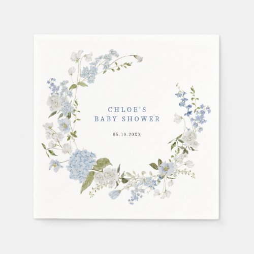 Delicate Blue Floral Wreath Baby Shower Invitation Napkins